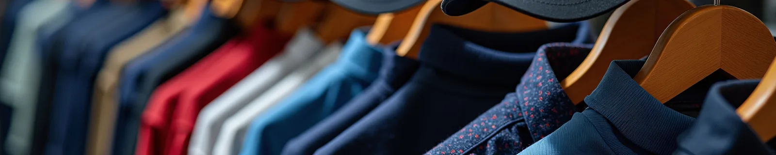 Polo shirts on wooden hangers in a pro shop